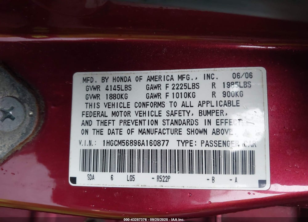 2006 HONDA ACCORD VIN: 1HGCM56896A160877