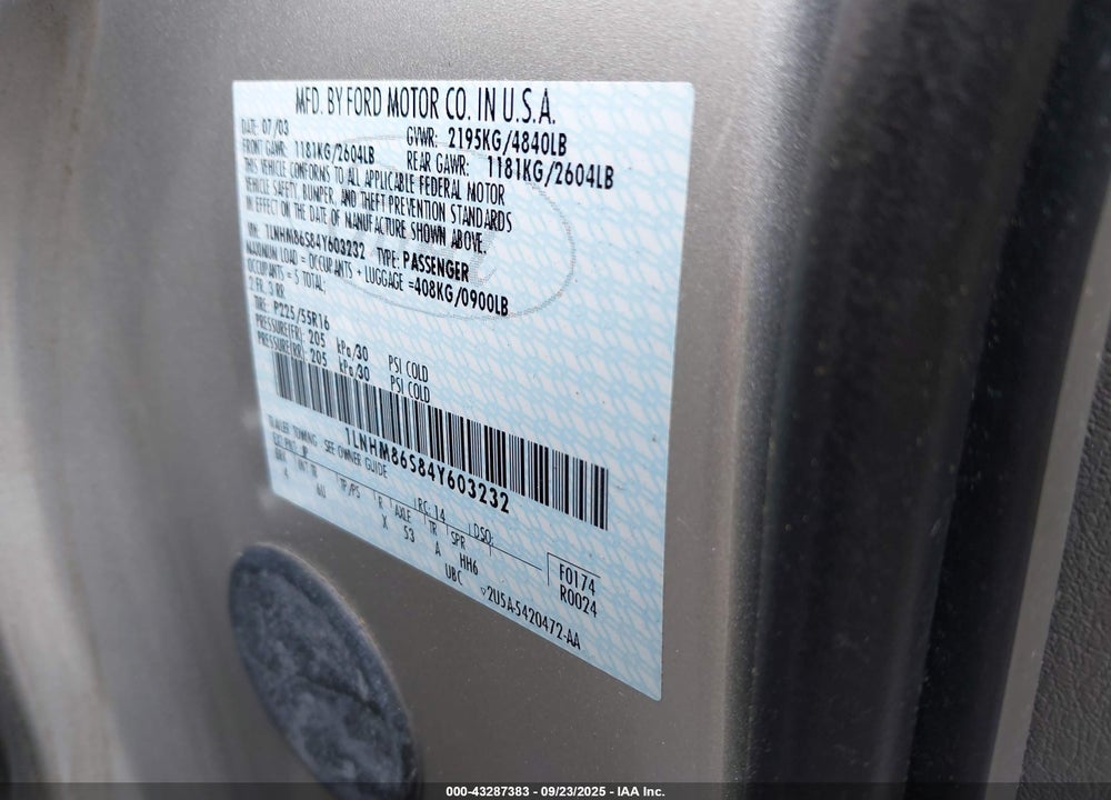 2004 LINCOLN LS V6 VIN: 1LNHM86S84Y603232