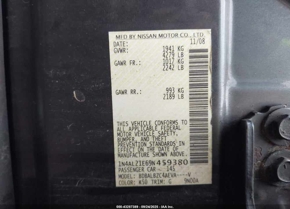 2009 NISSAN ALTIMA 2.5 S VIN: 1N4AL21E69N459380
