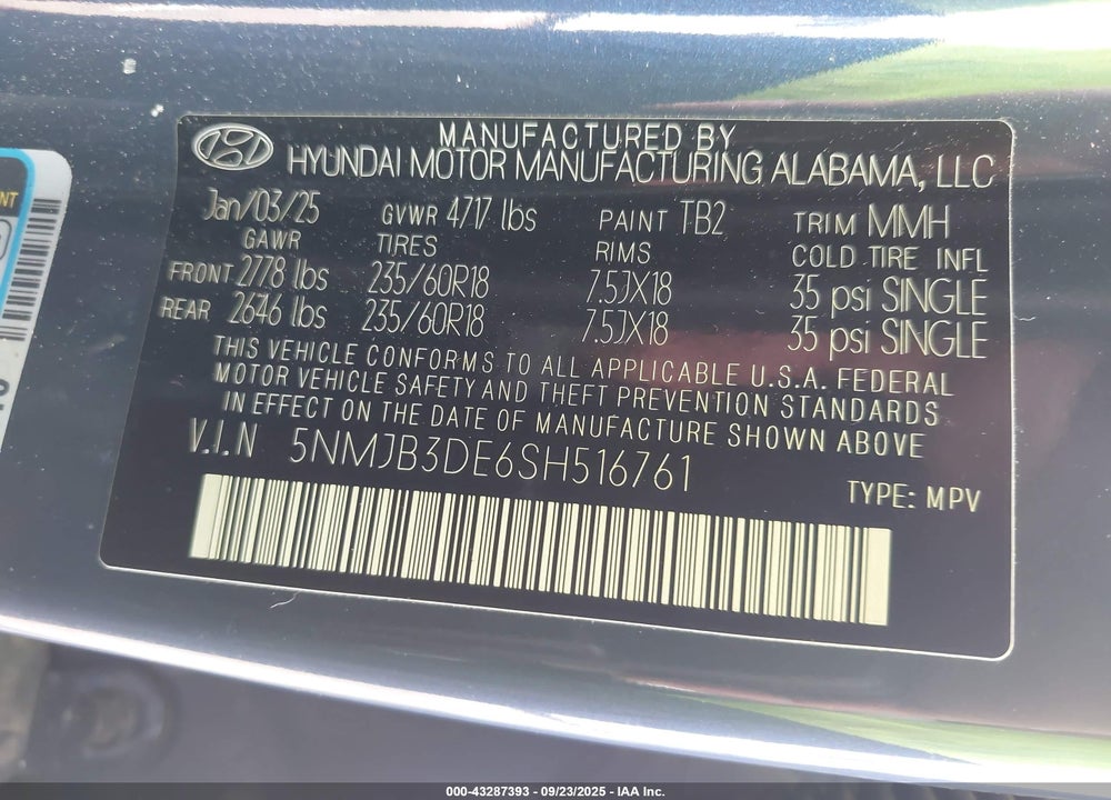 2025 HYUNDAI TUCSON VIN: 5NMJB3DE6SH516761