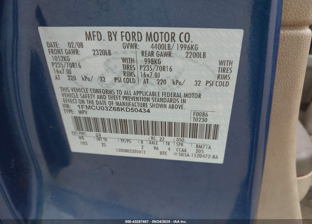 2008 FORD ESCAPE VIN: 1FMCU03Z68KD50434