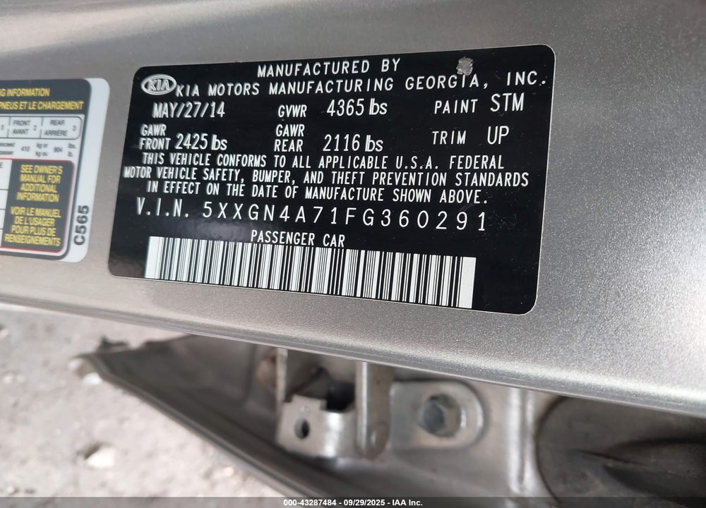 2015 KIA OPTIMA VIN: 5XXGN4A71FG360291