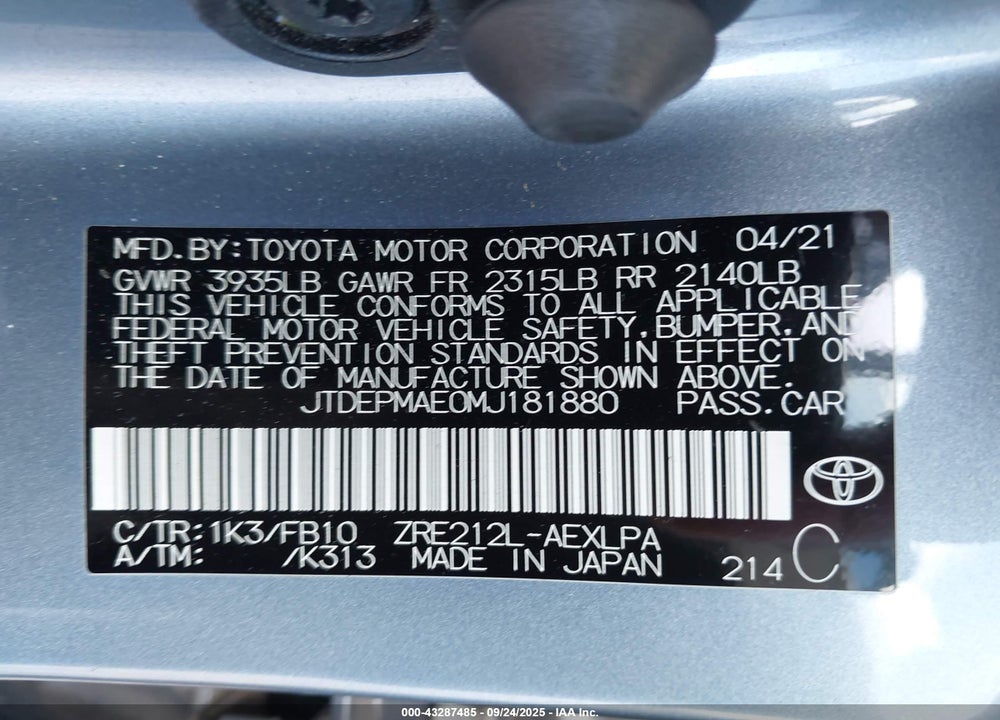 2021 TOYOTA COROLLA VIN: JTDEPMAE0MJ181880