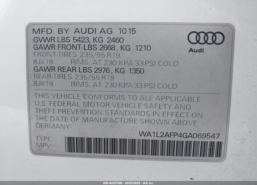 2016 AUDI Q5 2.0T PREMIUM VIN: WA1L2AFP4GA069547