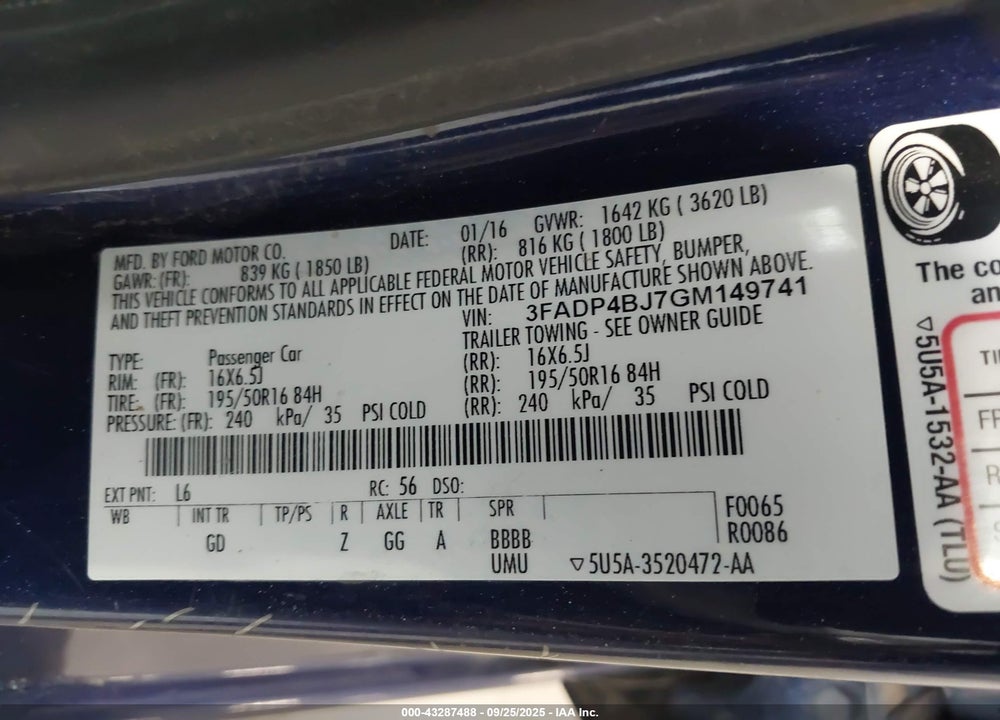 2016 FORD FIESTA VIN: 3FADP4BJ7GM149741