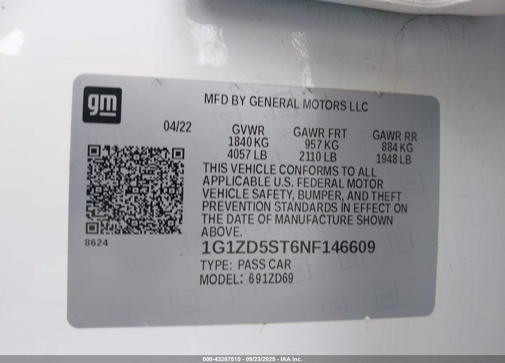 2022 CHEVROLET MALIBU VIN: 1G1ZD5ST6NF146609