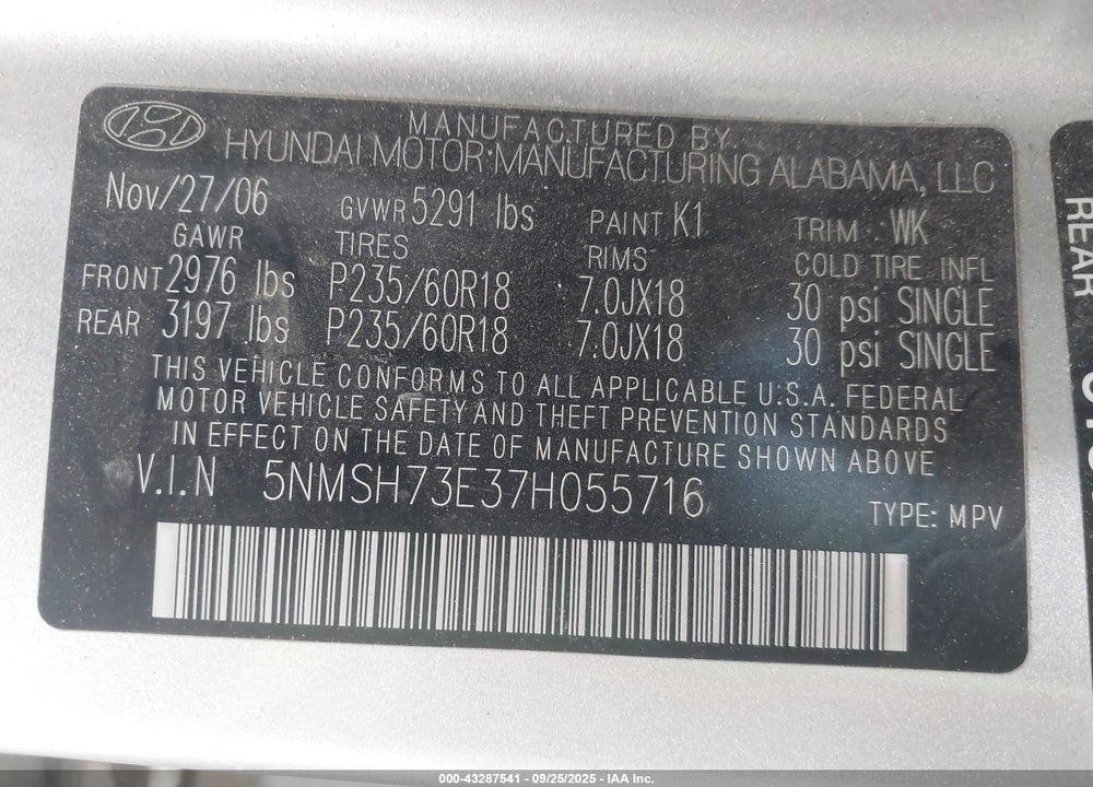 2007 HYUNDAI SANTA FE VIN: 5NMSH73E37H055716