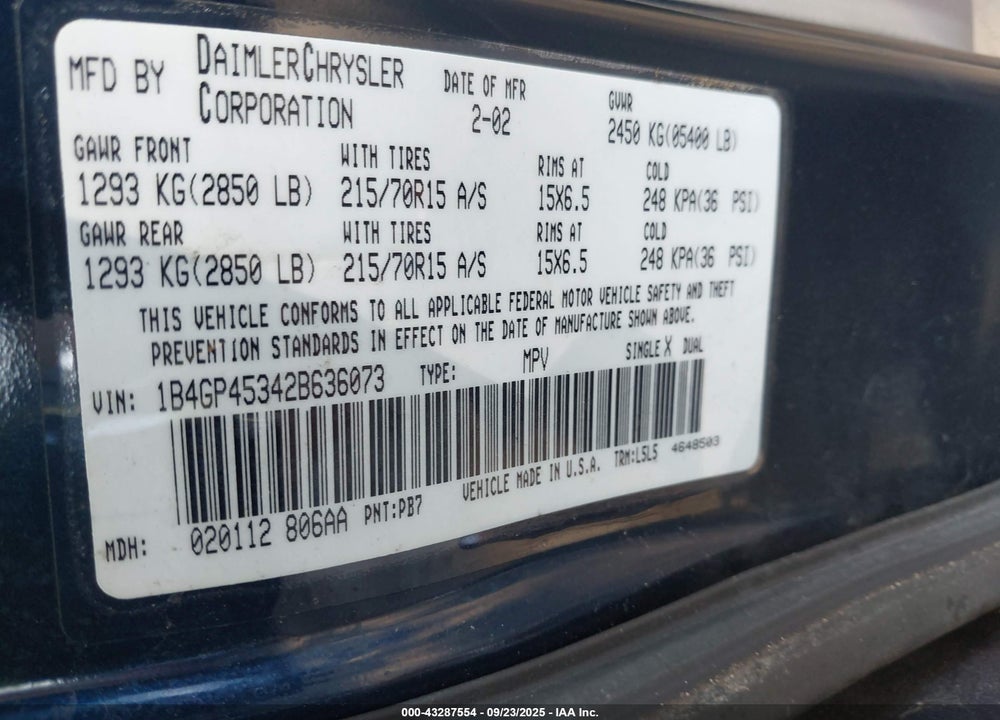 2002 DODGE CARAVAN SPORT VIN: 1B4GP45342B636073