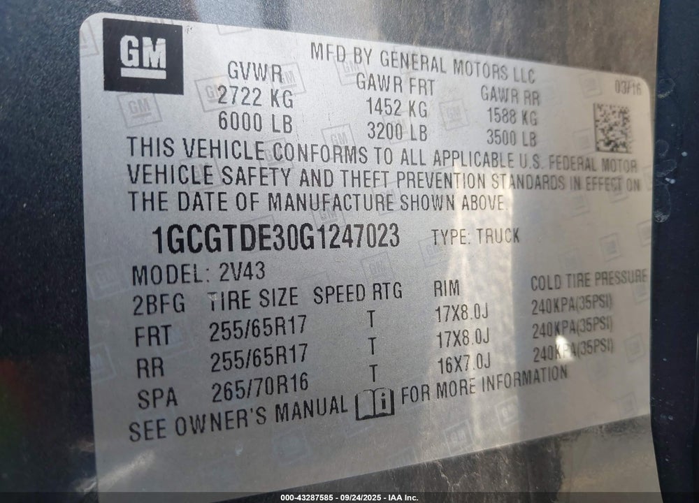 2016 CHEVROLET COLORADO Z71 VIN: 1GCGTDE30G1247023