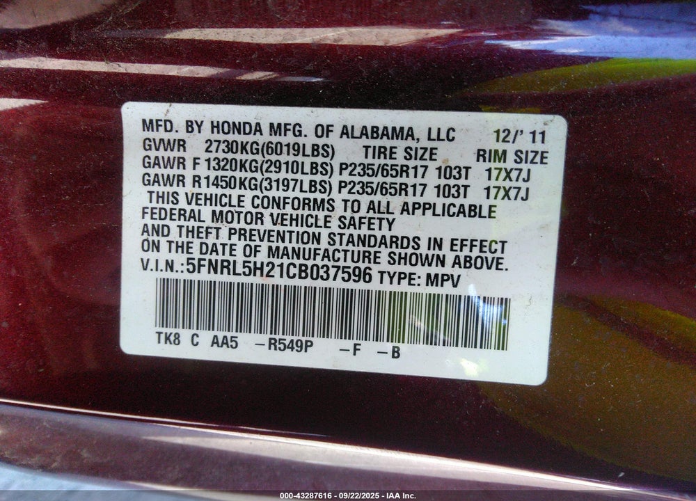 2012 HONDA ODYSSEY LX VIN: 5FNRL5H21CB037596