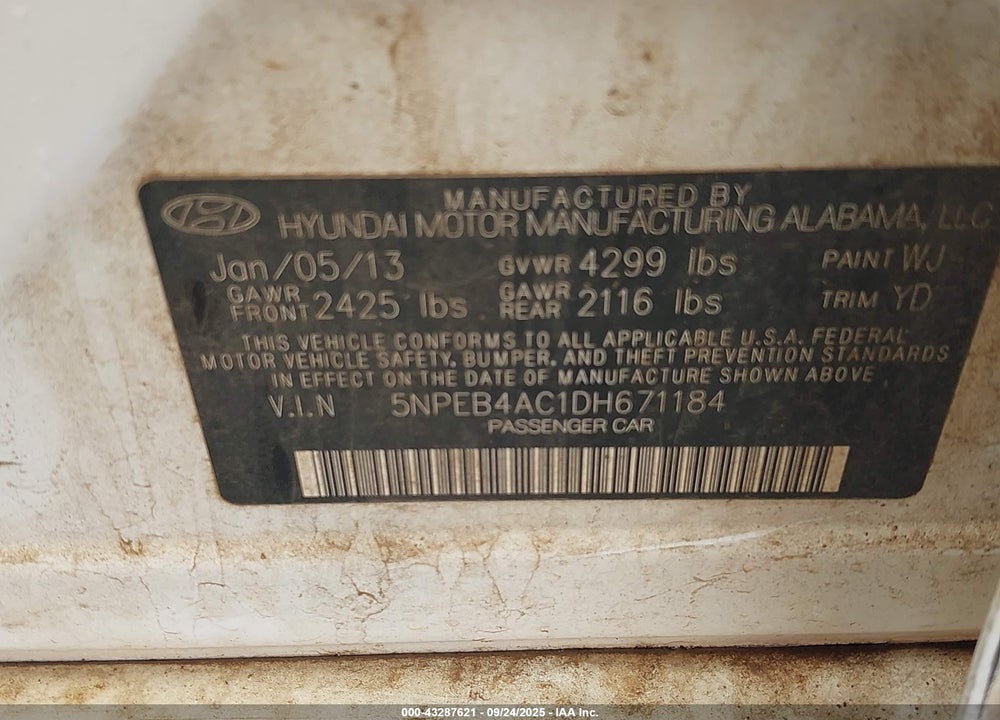 2013 HYUNDAI SONATA GLS VIN: 5NPEB4AC1DH671184