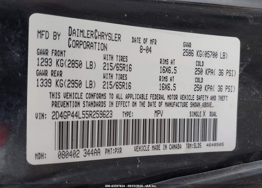 2005 DODGE GRAND CARAVAN SXT VIN: 2D4GP44L55R259623