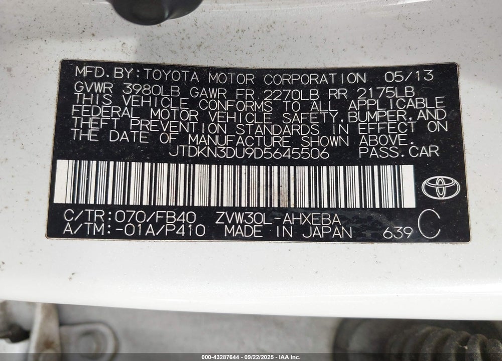 2013 TOYOTA PRIUS VIN: JTDKN3DU9D5645506