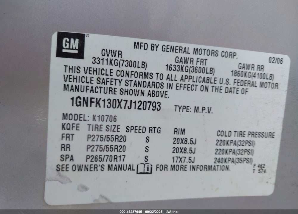 2007 CHEVROLET TAHOE LT VIN: 1GNFK130X7J120793