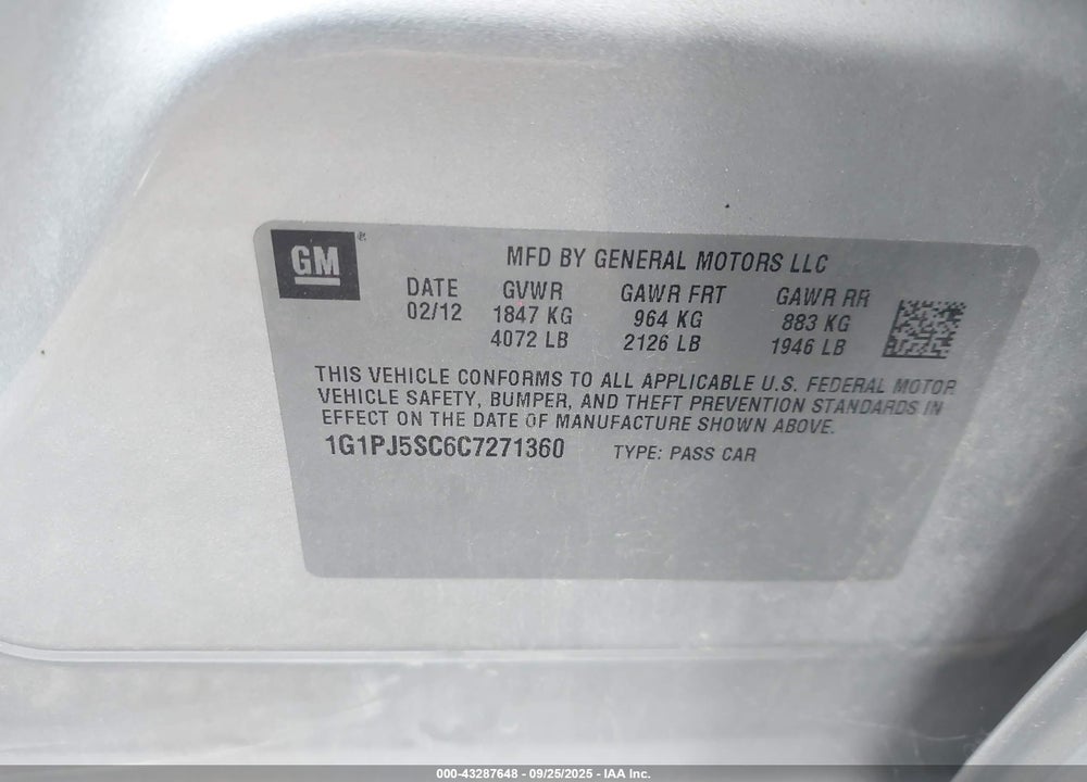 2012 CHEVROLET CRUZE VIN: 1G1PJ5SC6C7271360
