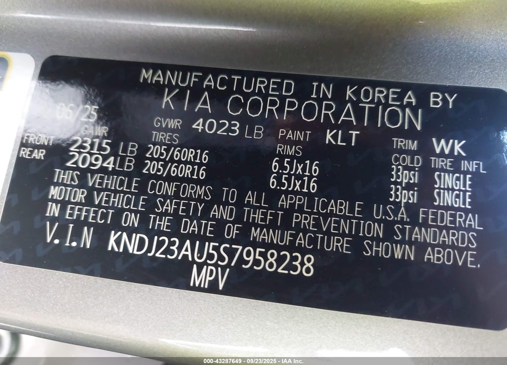 2025 KIA SOUL LX VIN: KNDJ23AU5S7958238