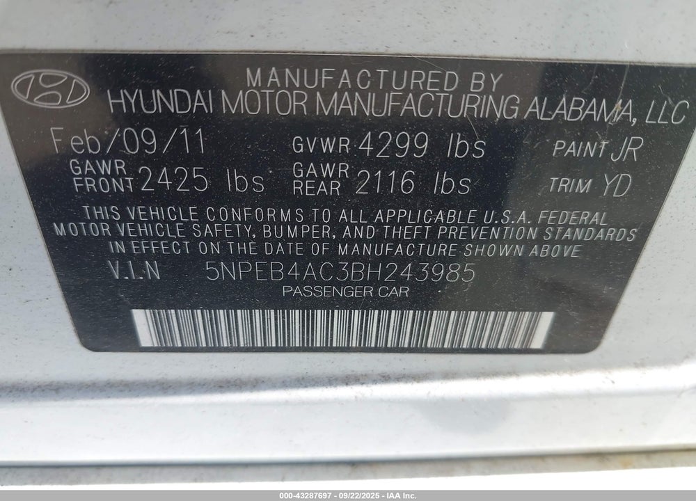 2011 HYUNDAI SONATA GLS VIN: 5NPEB4AC3BH243985