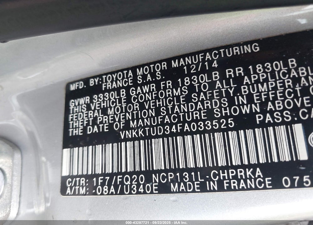 2015 TOYOTA YARIS VIN: VNKKTUD34FA033525