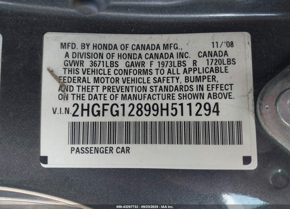 2009 HONDA CIVIC VIN: 2HGFG12899H511294