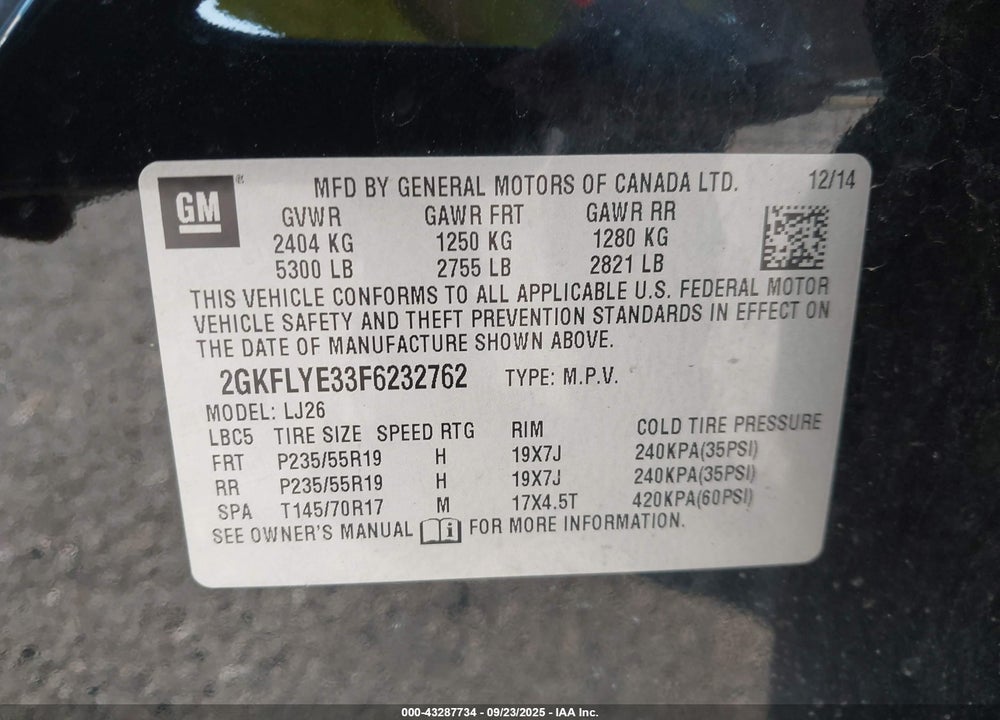 2015 GMC TERRAIN VIN: 2GKFLYE33F6232762