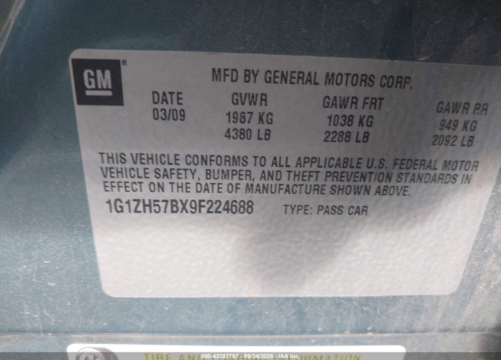 2009 CHEVROLET MALIBU VIN: 1G1ZH57BX9F224688