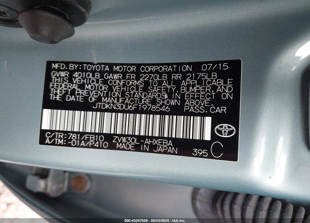 2015 TOYOTA PRIUS VIN: JTDKN3DU6F1978546