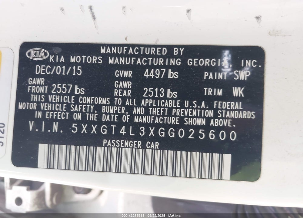 2016 KIA OPTIMA LX VIN: 5XXGT4L3XGG025600