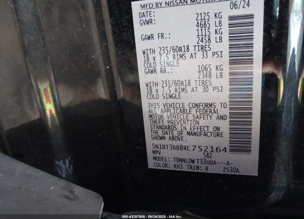 2024 NISSAN ROGUE VIN: 5N1BT3BB8RC752164