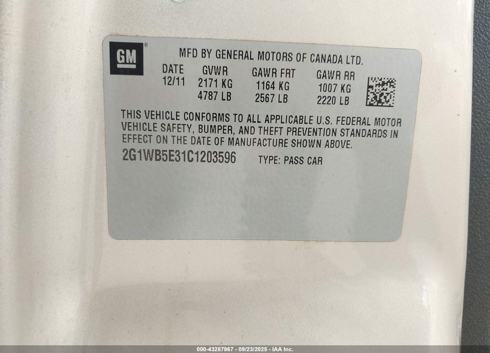 2012 CHEVROLET IMPALA VIN: 2G1WB5E31C1203596