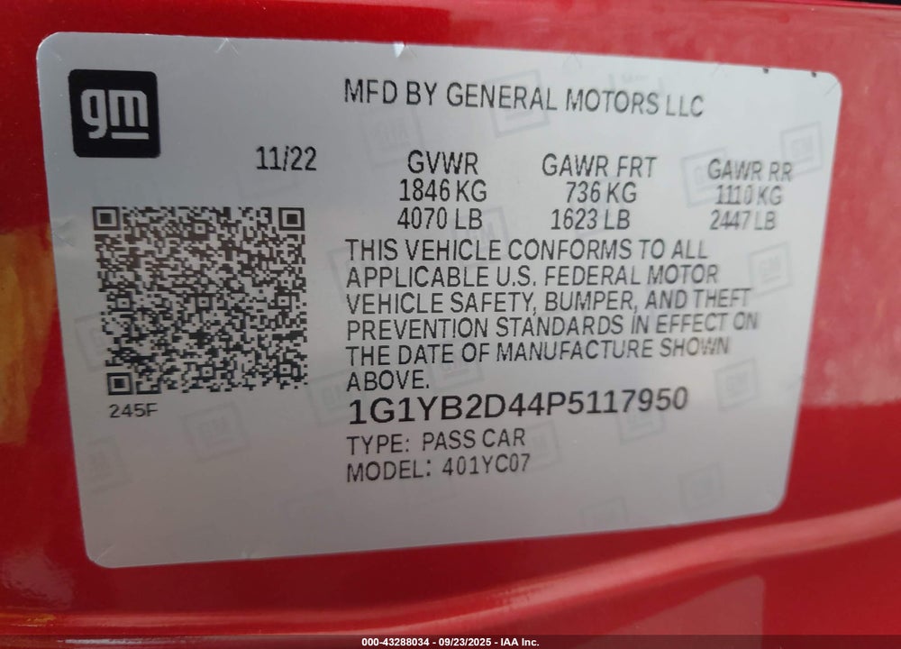 2023 CHEVROLET CORVETTE STINGRAY VIN: 1G1YB2D44P5117950