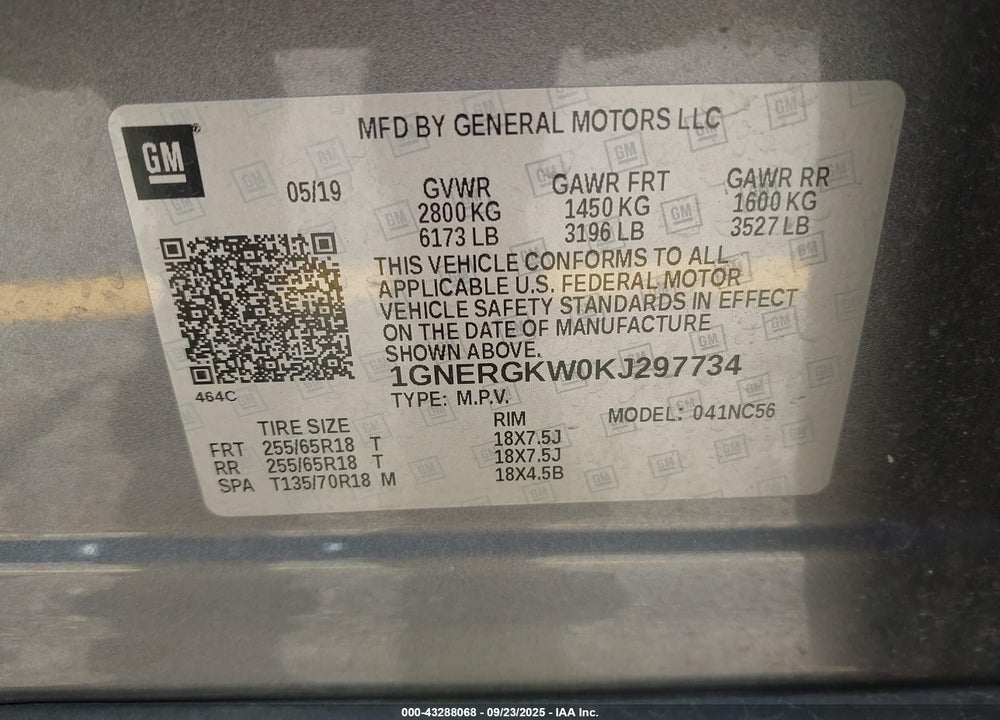2019 CHEVROLET TRAVERSE VIN: 1GNERGKW0KJ297734