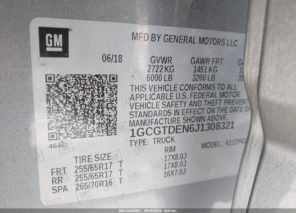 2018 CHEVROLET COLORADO Z71 VIN: 1GCGTDEN6J1308321