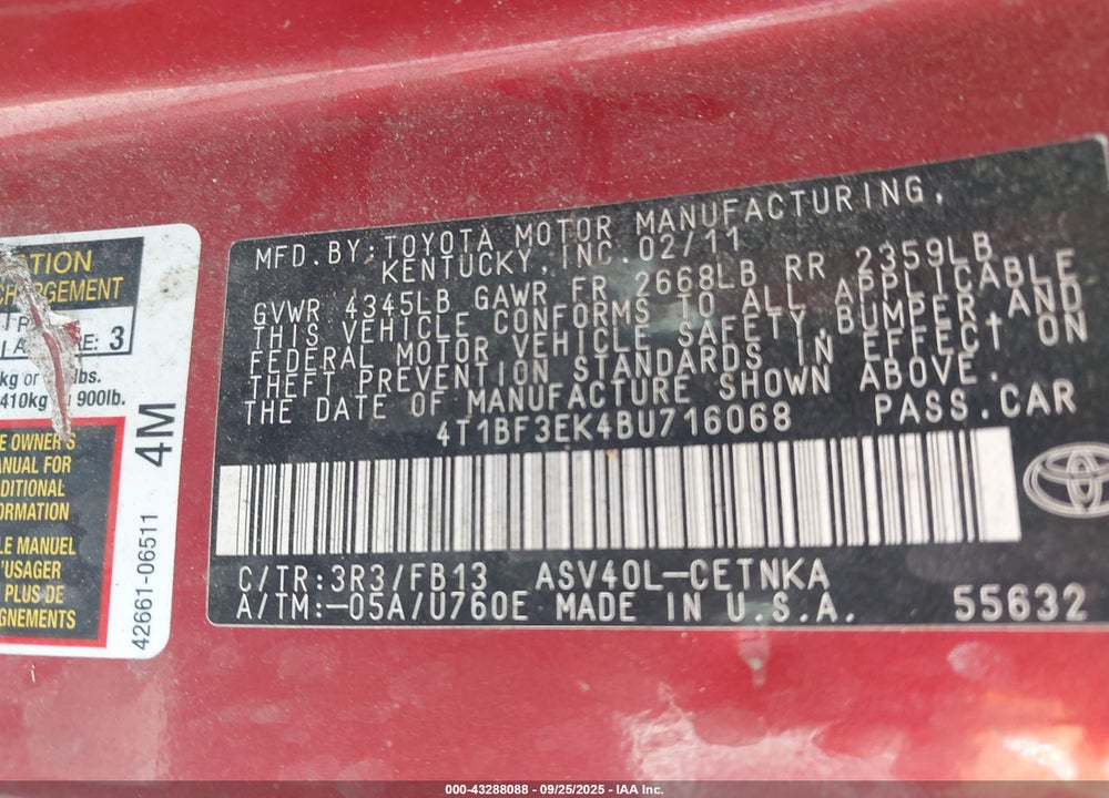2011 TOYOTA CAMRY LE VIN: 4T1BF3EK4BU716068