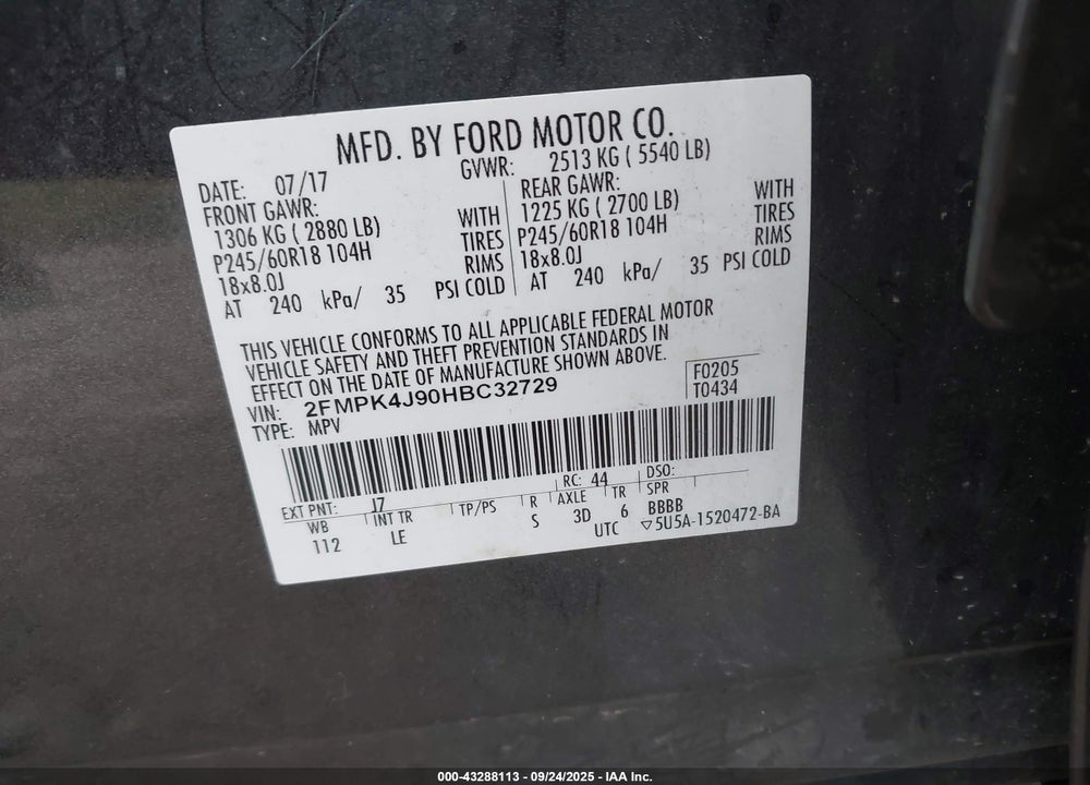 2017 FORD EDGE VIN: 2FMPK4J90HBC32729