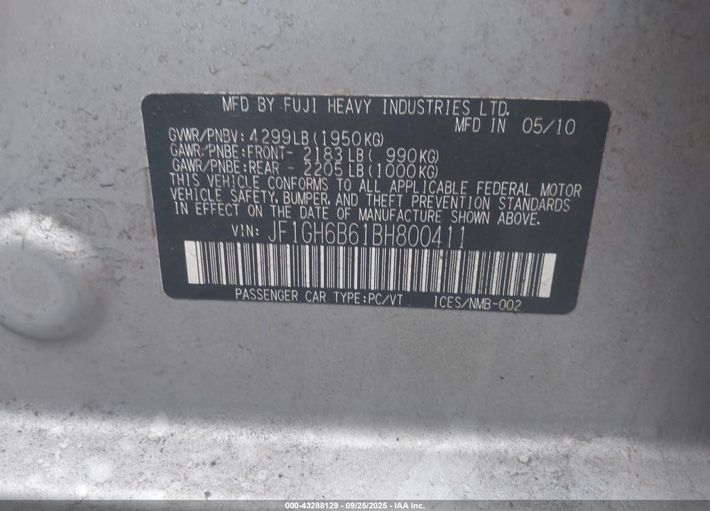 2011 SUBARU IMPREZA VIN: JF1GH6B61BH800411