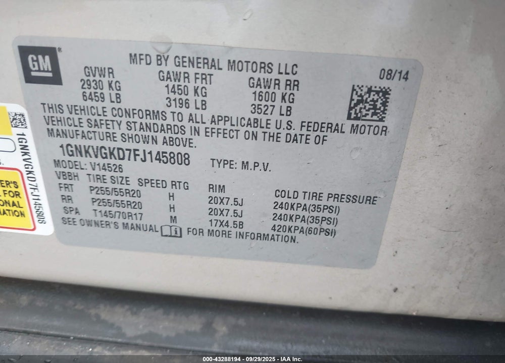 2015 CHEVROLET TRAVERSE VIN: 1GNKVGKD7FJ145808