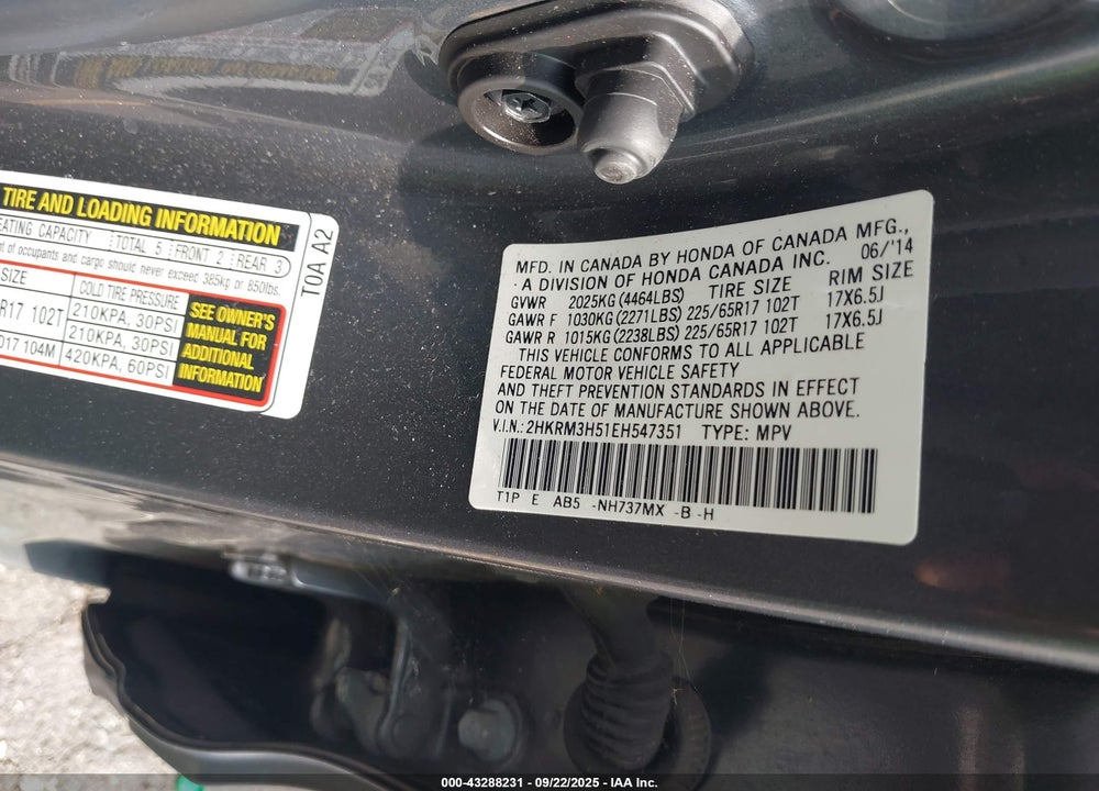 2014 HONDA CR-V EX VIN: 2HKRM3H51EH547351