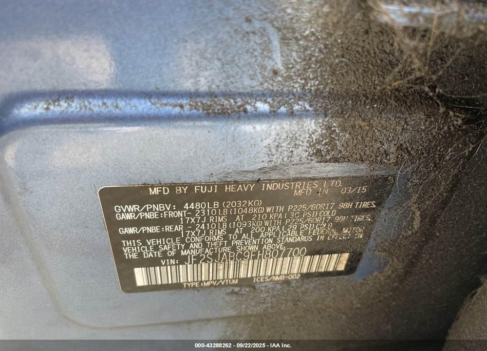 2015 SUBARU FORESTER VIN: JF2SJABC9FH807700