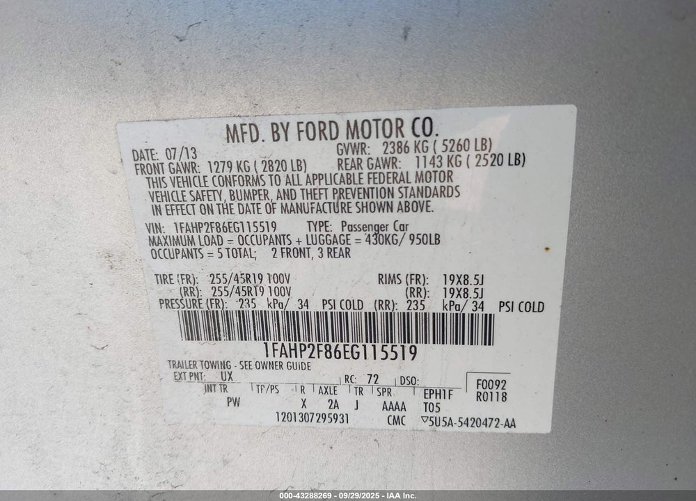 2014 FORD TAURUS VIN: 1FAHP2F86EG115519