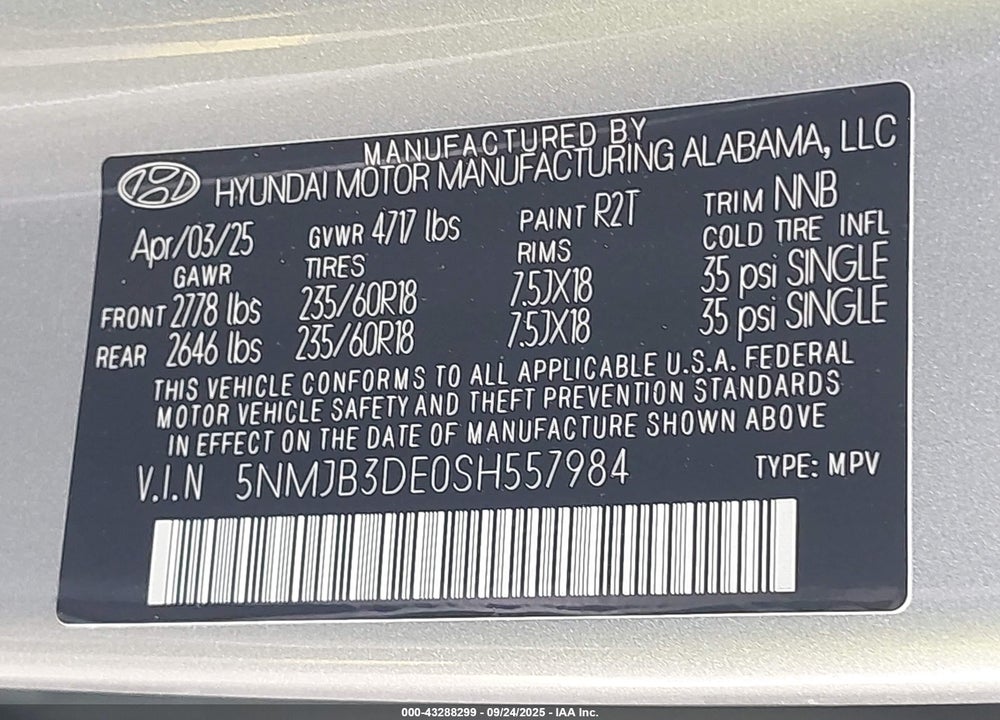 2025 HYUNDAI TUCSON VIN: 5NMJB3DE0SH557984