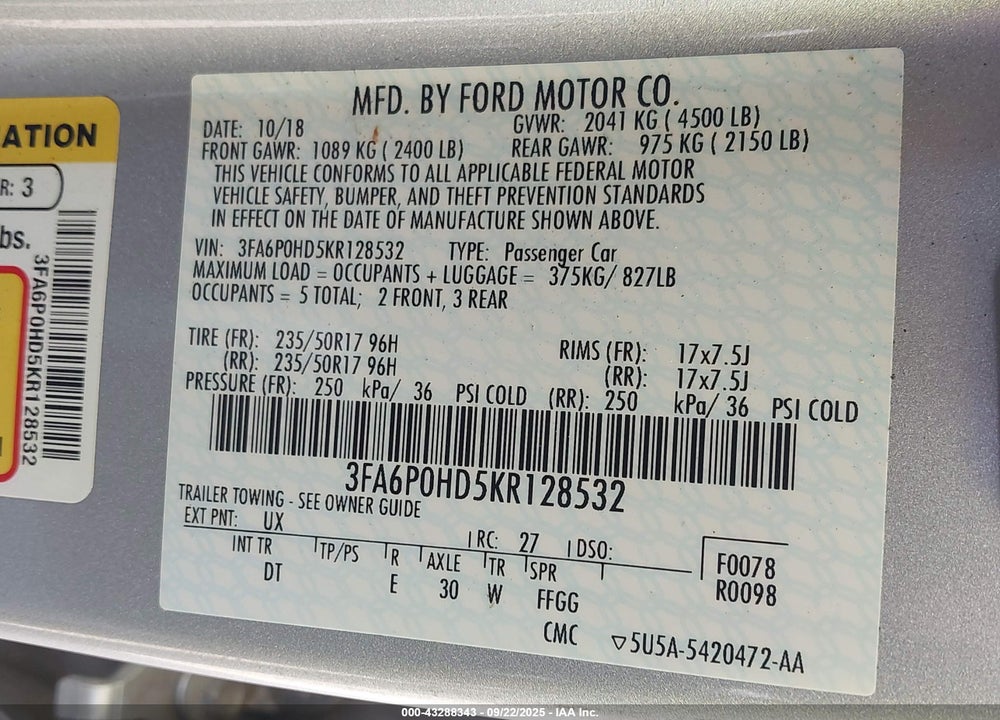 2019 FORD FUSION VIN: 3FA6P0HD5KR128532