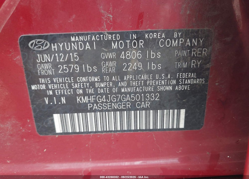 2016 HYUNDAI AZERA VIN: KMHFG4JG7GA501332