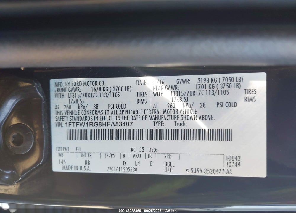 2017 FORD F-150 RAPTOR VIN: 1FTFW1RG8HFA53407