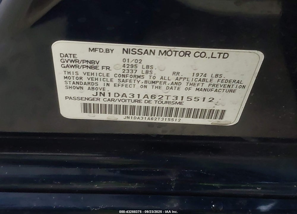 2002 NISSAN MAXIMA SE VIN: JN1DA31A62T315512