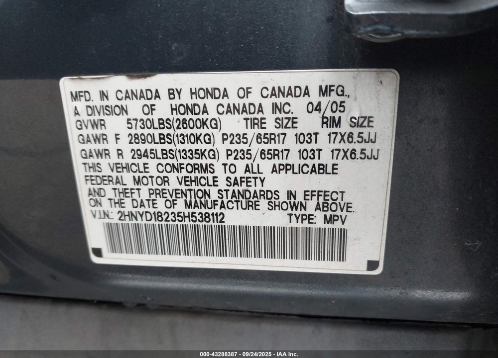2005 ACURA MDX VIN: 2HNYD18235H538112