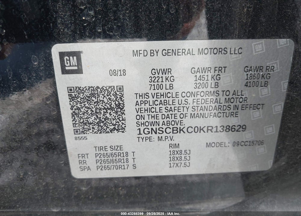2019 CHEVROLET TAHOE LT VIN: 1GNSCBKC0KR138629