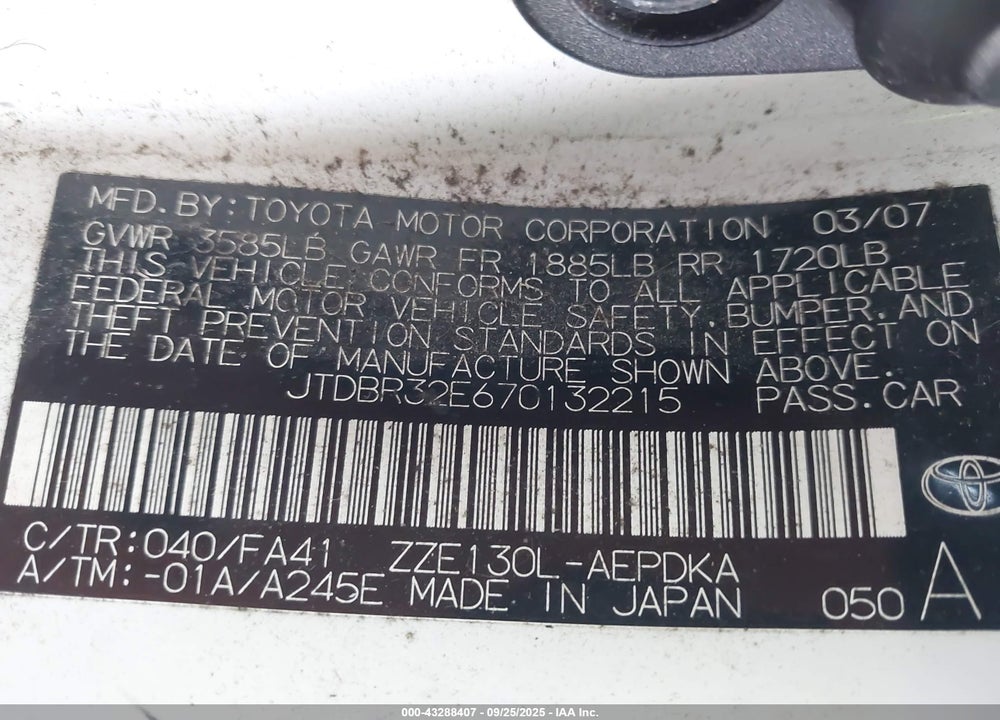 2007 TOYOTA COROLLA CE VIN: JTDBR32E670132215