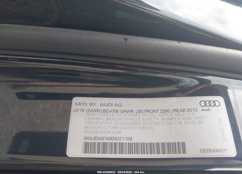 2019 AUDI A4 45 PREMIUM VIN: WAUENAF46KN021168