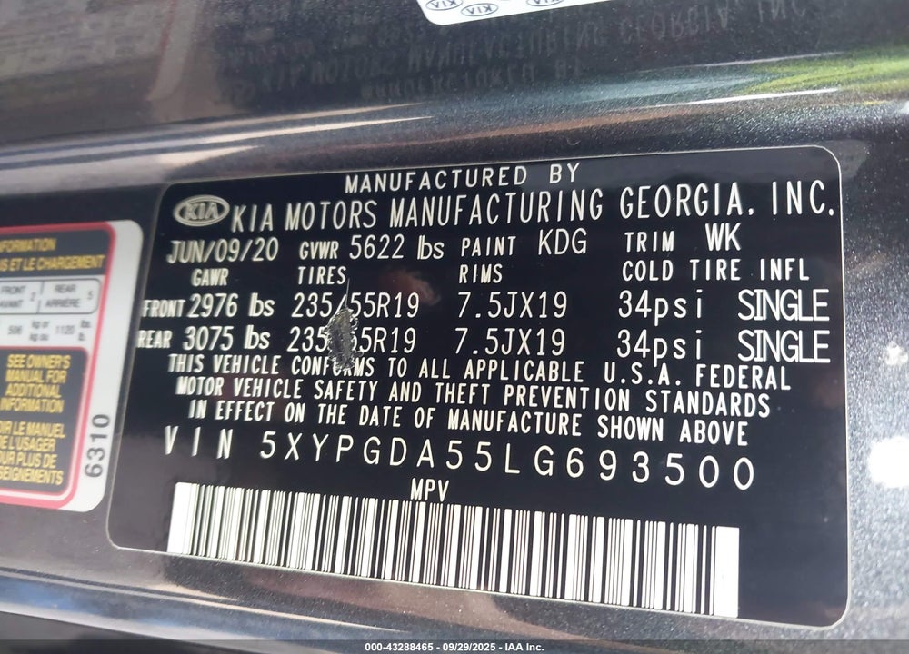 2020 KIA SORENTO 3.3L S VIN: 5XYPGDA55LG693500