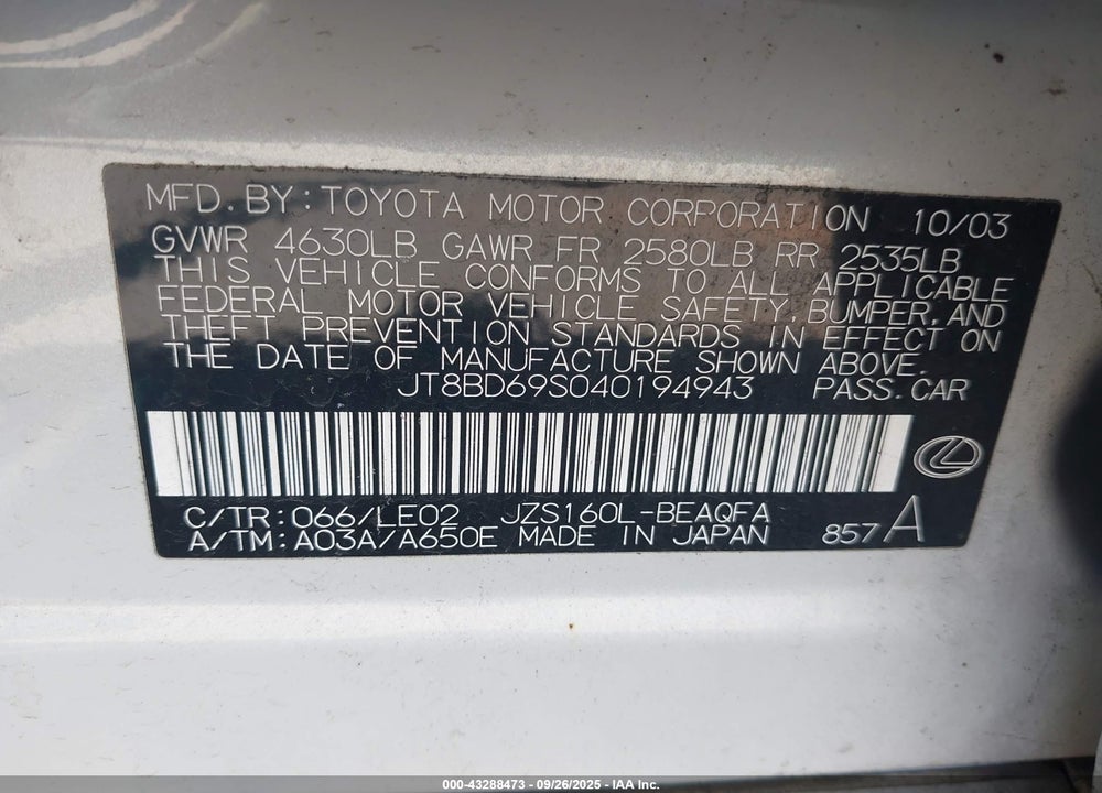 2004 LEXUS GS 300 VIN: JT8BD69S040194943